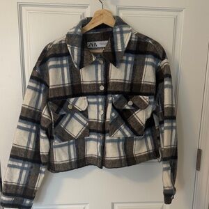Zara Checkered Cropped Jacket in Black, White, and Blue